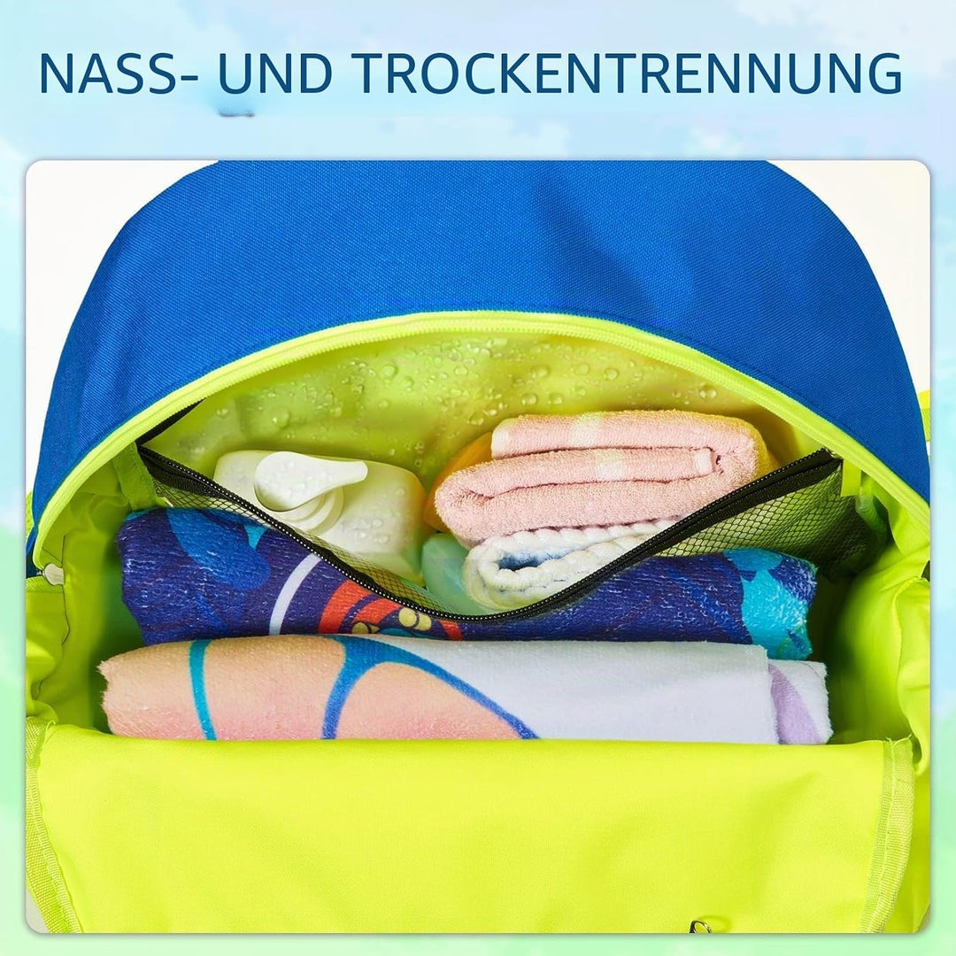 WAWSAM Schwimm Rucksack für Kinder mit Schuhfach und Trocken- und Nasstrennung Blau &amp; Grün, Blau &amp; G