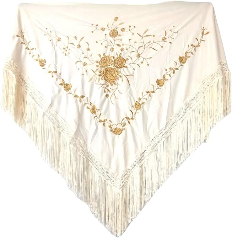 Dreieckiger bestickter Schal mit Fransen, 150/100/20 Gebrochenes Weiss, Gelb, Gebrochenes Weiß,
