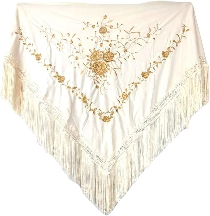 Dreieckiger bestickter Schal mit Fransen, 150/100/20 Gebrochenes Weiss, Gelb, Gebrochenes Weiß,