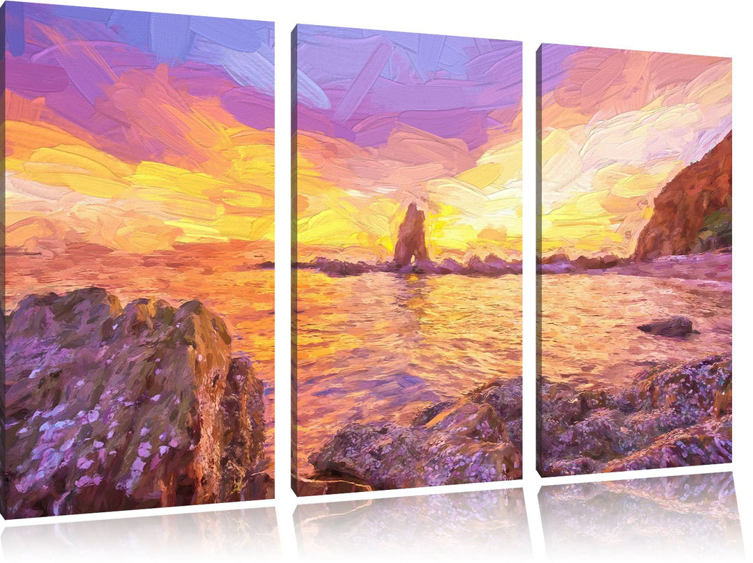 Pixxprint Küstenlinie mit schönen Sonnenuntergang Kunst Pinsel Effekt 3-Teiler Leinwandbild 120x80 B