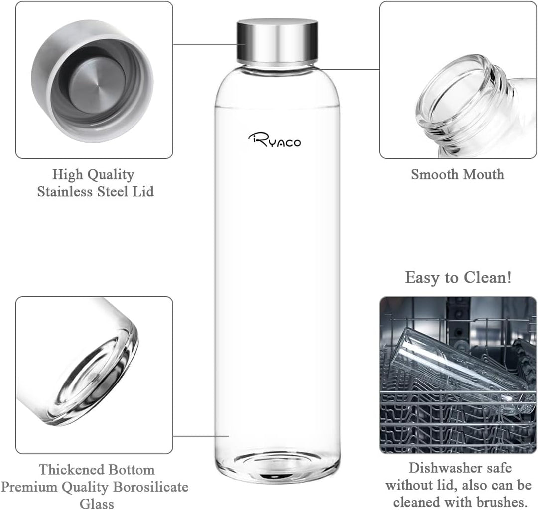 Ryaco Trinkflasche aus Glas 550ml/750ml/1000ml/1L,Glasflasche mit Neoprenhülle,Glastrinkflasche mit