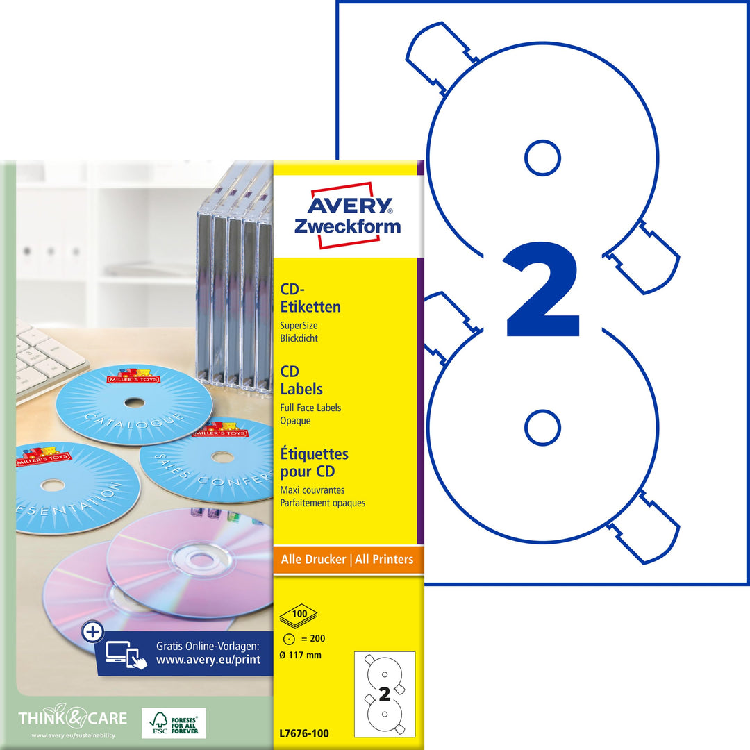 AVERY Zweckform L7676-100 selbstklebende CD-Etiketten (200 blickdichte CD-Aufkleber, Ø 117mm auf A4,