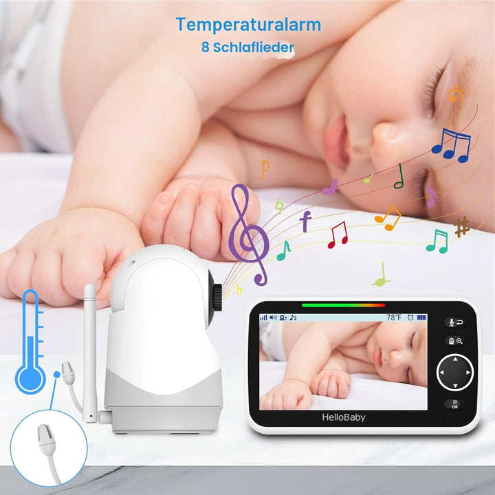 HelloBaby Monitor mit Kamera und Audio, 12,7 cm (5 Zoll) grosser Bildschirm mit 3500 mAh Akku, Ferns