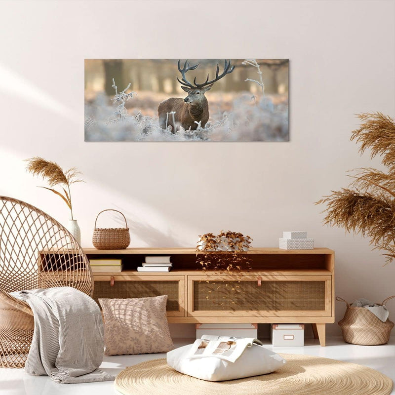 Panorama Bilder auf Leinwand 100x40cm Leinwandbild Hirsch Wald Natur Gross Wanddeko Bild Schlafzimme