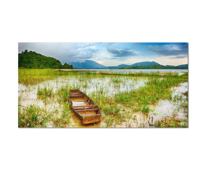 120x60cm - Fotodruck auf Leinwand und Rahmen Landschaft See Boot Berge Himmel - Leinwandbild auf Kei