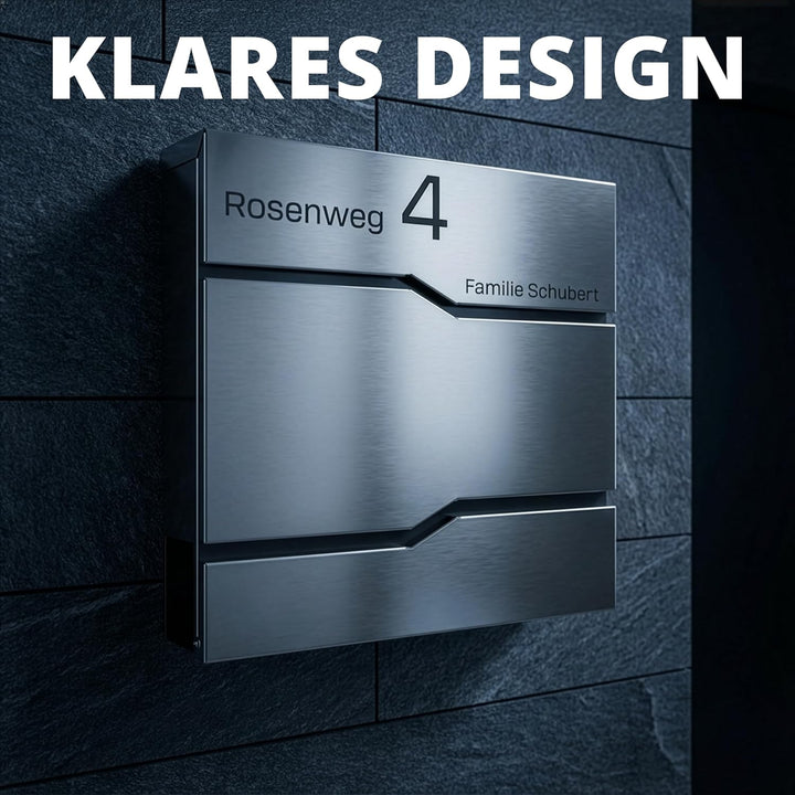 Grafner Premium Briefkasten personalisiert, Edelstahl mit Zeitungsfach und 2 Schlüssel, moderner Pos