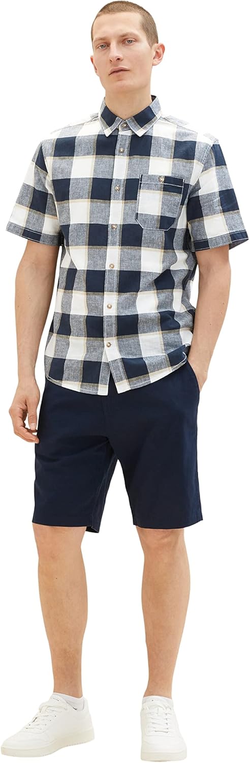 TOM TAILOR Herren Kurzarm-Hemd aus Leinen XXL 31237 - Navy Off White Beige Check, XXL 31237 - Navy O