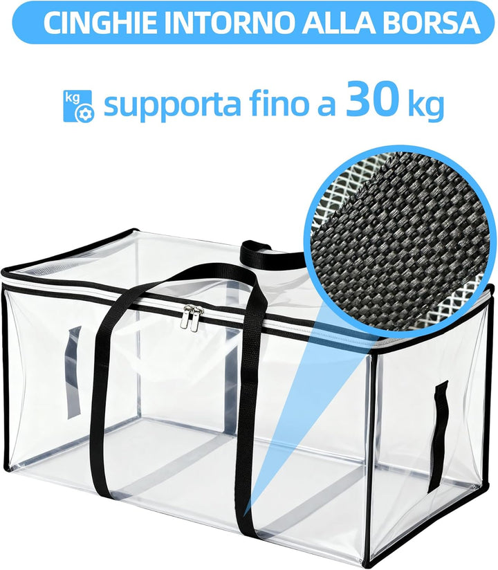 3 Stück Umzugstaschen 88L, transparente Aufbewahrungstaschen aus verstärktem PVC 135 g/m², faltbar,