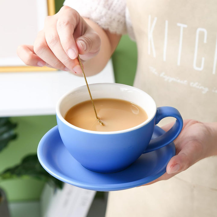 Yundu Latte-Tasse und Untertasse, Porzellan, 294 ml, für Cappuccino, Tee, Café, Mokka, 4 Stück, matt