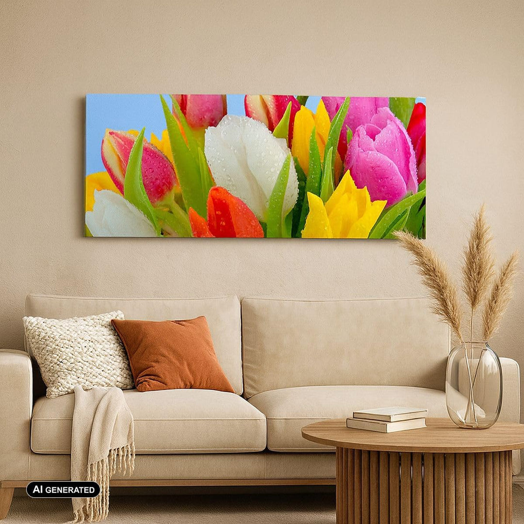 Wandbilder Dekoration Wohnzimmer Tulpen Blumenstrauss Blumen Tau Panorama Bilder auf Leinwand 120x50