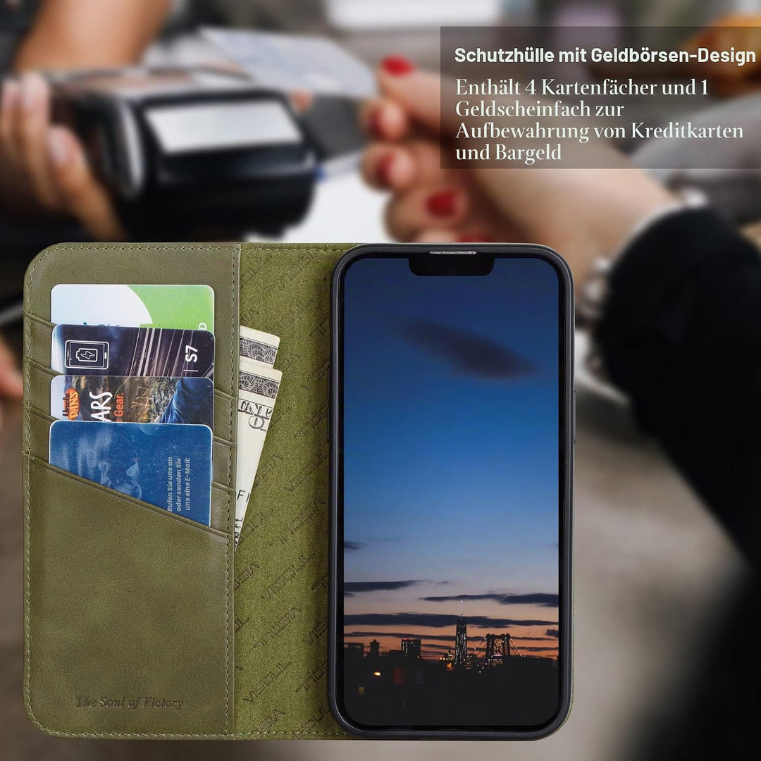 VISOUL Hülle für iPhone 14 Pro Max Handyhülle [Echtleder] [Schützt] [Kartenfach] [Magnet] [Standfunk