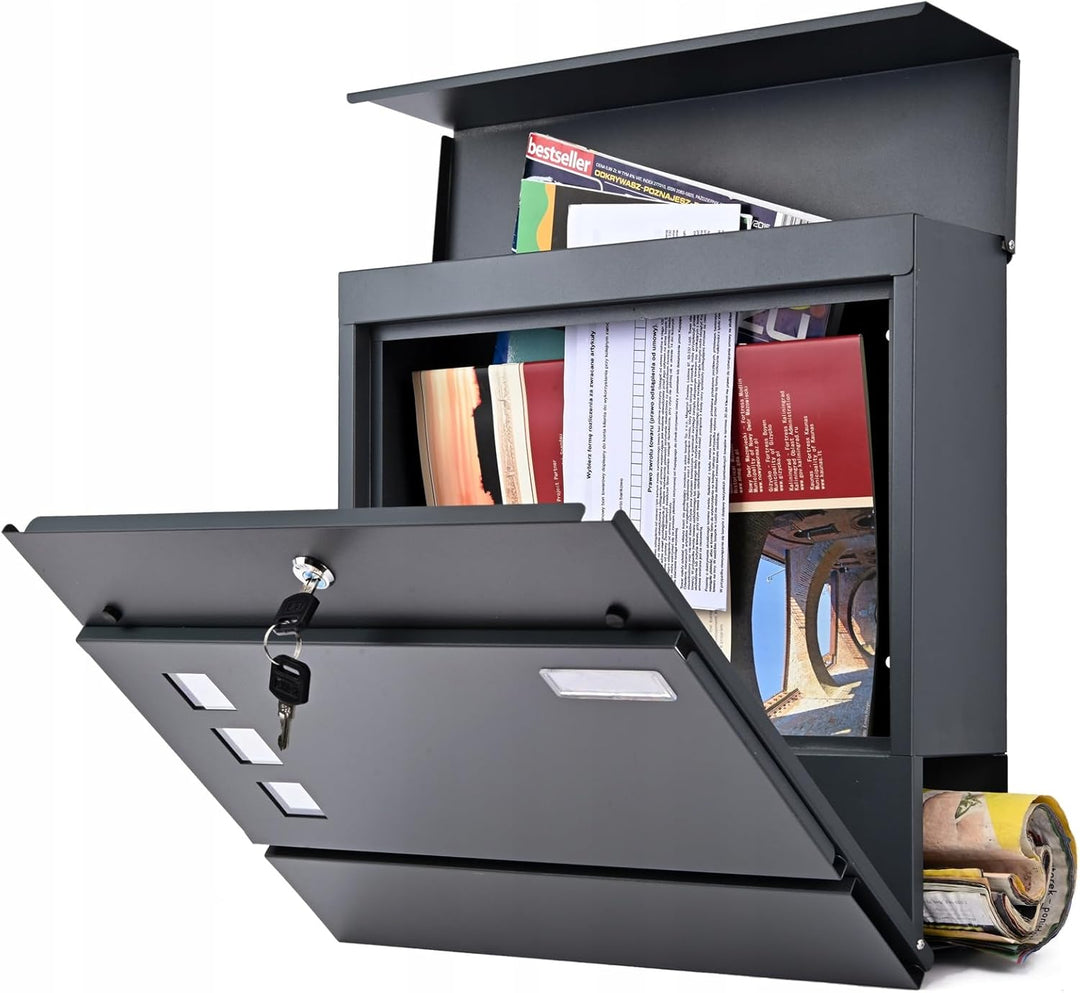 VERDA Briefkasten mit Zeitungsfach, Postkasten Designer Wandbriefkasten, 2X Schlüssel, Zeitungsrolle