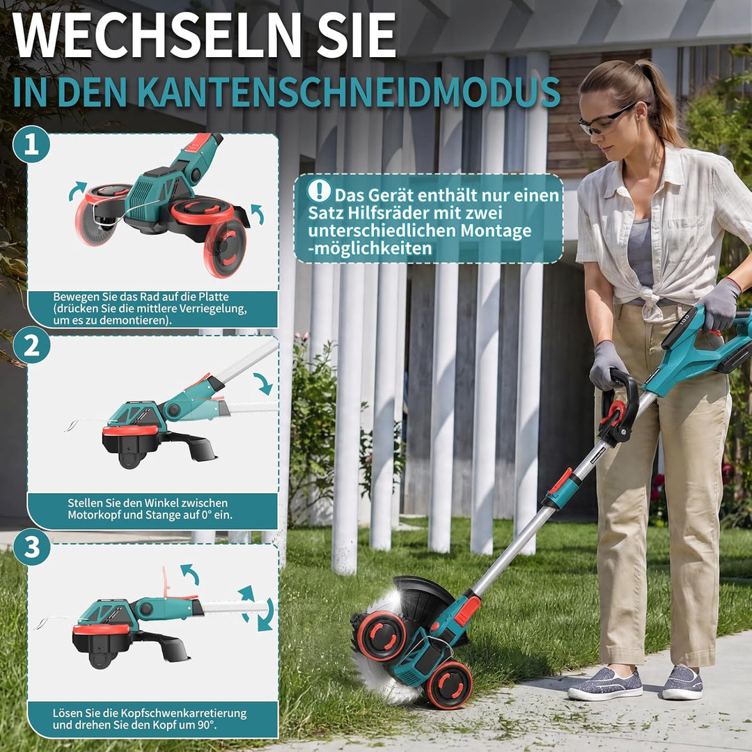 Rasentrimmer mit Akku, 5-IN-1 Rasentrimmer mit Unkrautbürste/Rädern, 21V/2 * 4.0Ah Akku Rasentrimmer