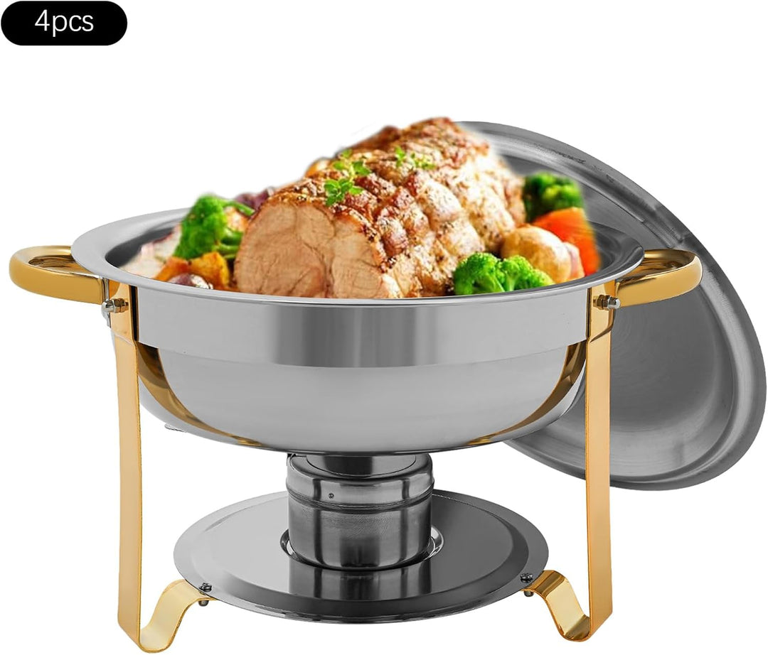 4er Set Rund Chafing Dish Set, Professional Speisenwärmer mit Deckel, 4,5L Edelstahl Buffet Wärmebeh