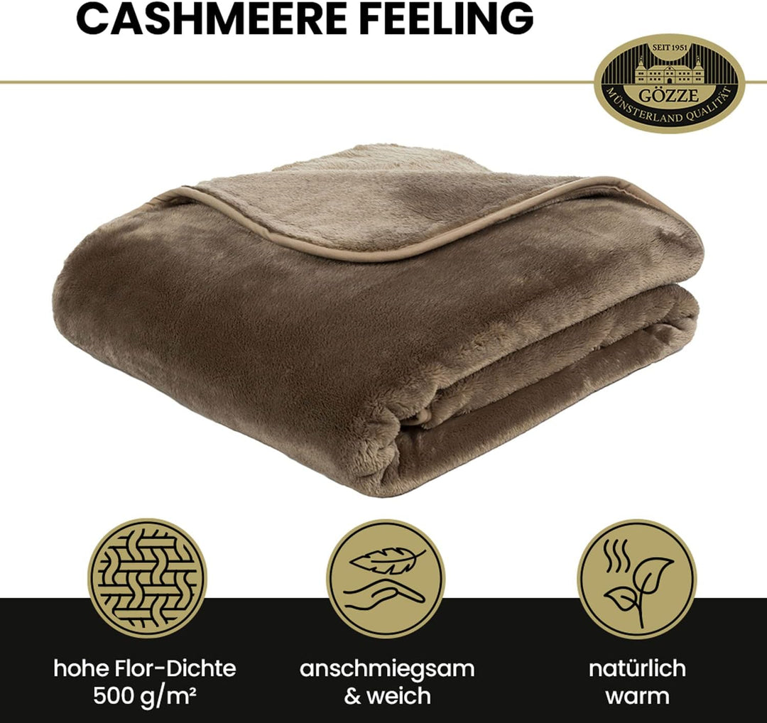 Gözze - Premium Cashmere-Feeling Wohn- und Kuscheldecke, 500 g/m², 130 x 170 cm - Taupe, Offwhite Of