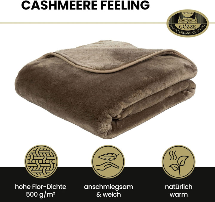 Gözze - Premium Cashmere-Feeling Wohn- und Kuscheldecke, 500 g/m², 130 x 170 cm - Taupe, Offwhite Of