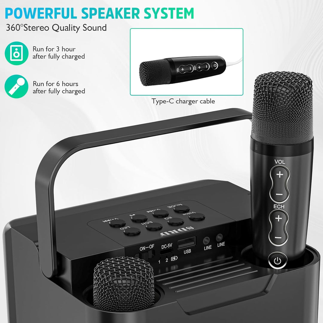 Karaoke-Maschine für Kinder und Erwachsene,tragbarer Bluetooth-Lautsprecher mit 2 drahtlosen Mikrofo
