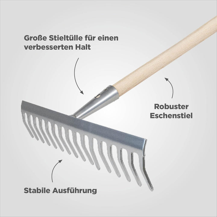 blizz-z Gartenrechen 40 cm Breite, 16 Zinken | Stabiler Rechen mit robustem Eschenstiel