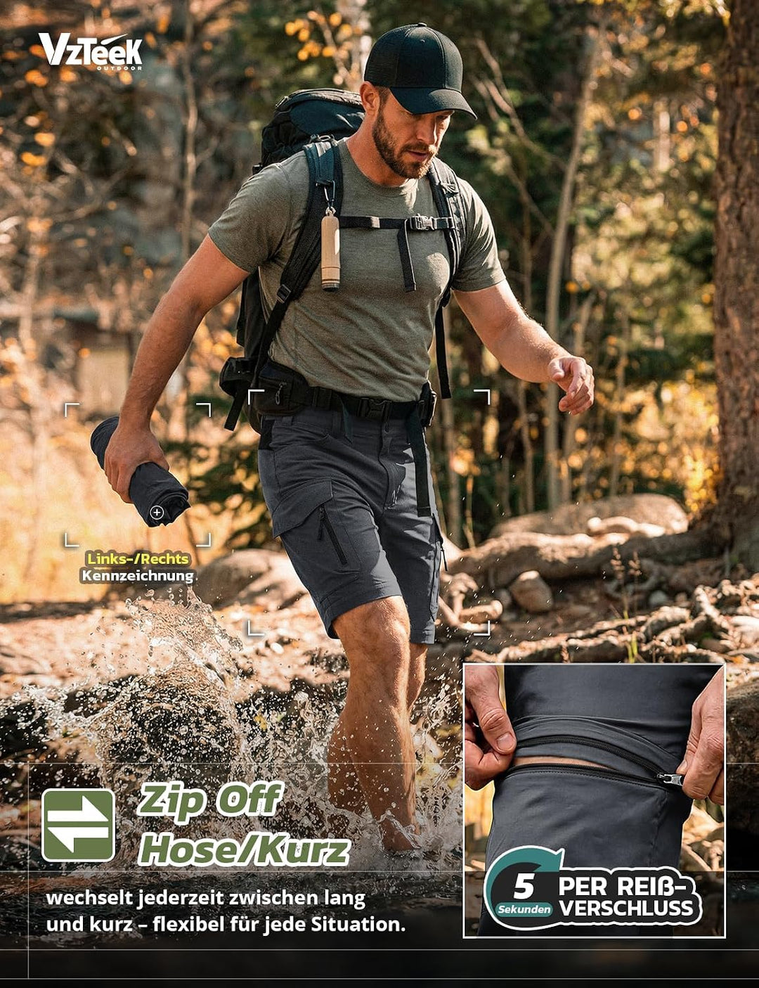 Vzteek Herren Wanderhose Zip Off Trekkinghose Outdoorhose Sommer Softshell Stretch Hose Kurz für Wan