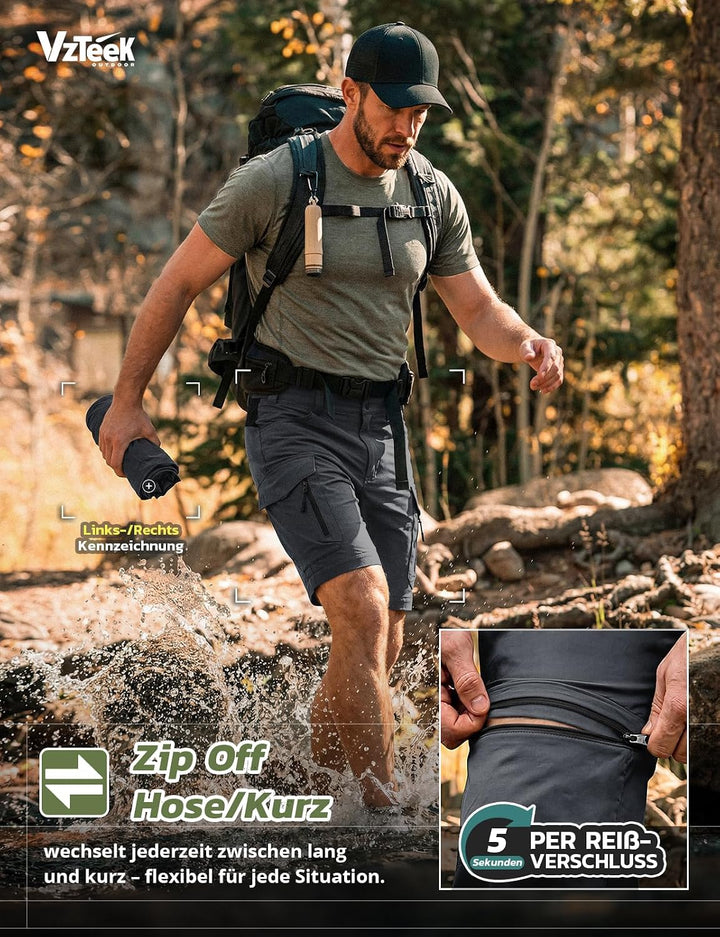 Vzteek Herren Wanderhose Zip Off Trekkinghose Outdoorhose Sommer Softshell Stretch Hose Kurz für Wan