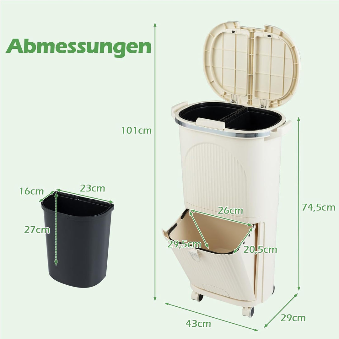 COSTWAY Mülleimer Küche, Mülltrennsystem 3 Fächer, 2 x 12L Inneneimer & 14L Treteimer, Abfalleimer m
