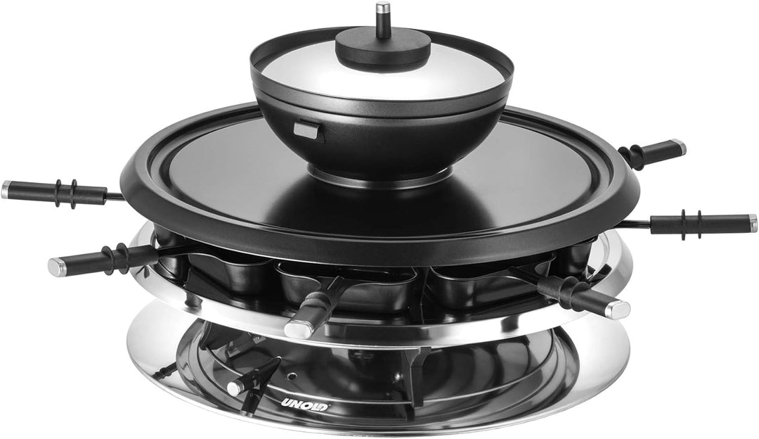 Unold 48726 Raclette Multi 4 in 1-1300 Watt, Für bis zu 8 Personen, Antihaftbeschichtung, Raclette,