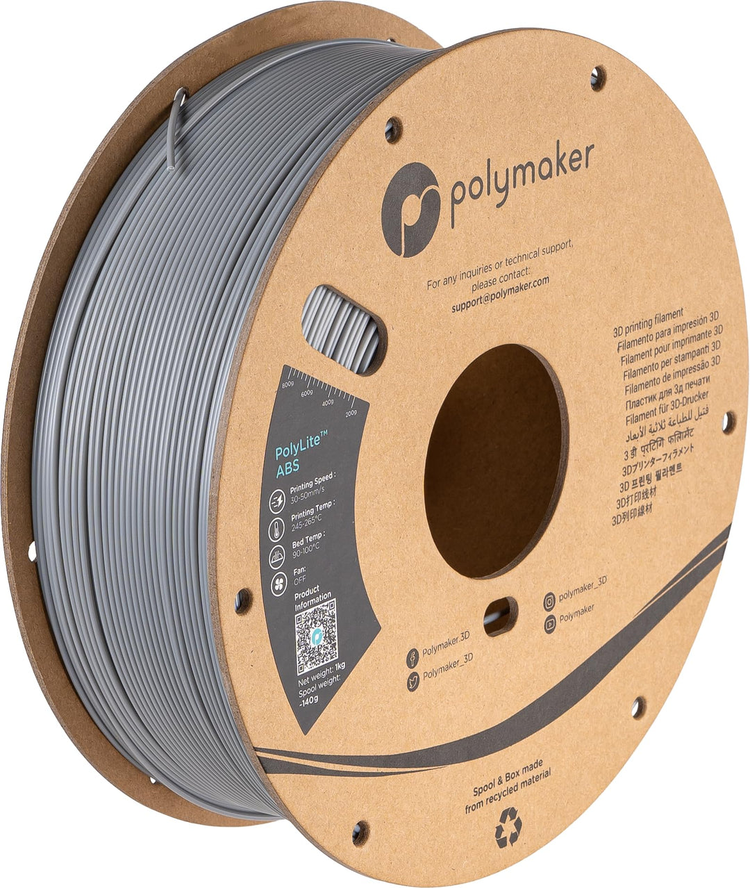 Polymaker PolyLite ABS Grau - 1,75mm - 1kg Mehrfarbig Acrylnitril-Butadien-Styrol, Mehrfarbig Acryln