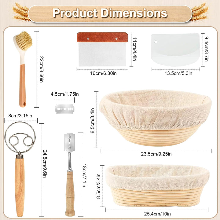 Gärkörbchen,Brot Gärkorb Set,23cm Rund & 25cm Oval Brotkörbchen,100% Natürlichem Rattan, inkl. Teigs