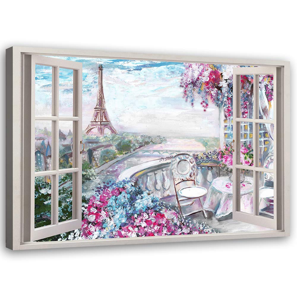 Feeby Wandbild Paris Druckbild Leinwandbild Fenster-Illusion Rosa 90x60 cm Leinwandbild 90x60 cm Ros