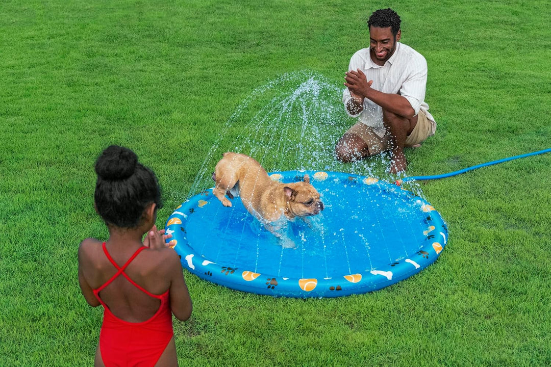 Bestway Wassermatte Pfote für Haustiere, Ø 147 cm, rutschfeste Oberfläche, Wassersprinkler, Gartensc