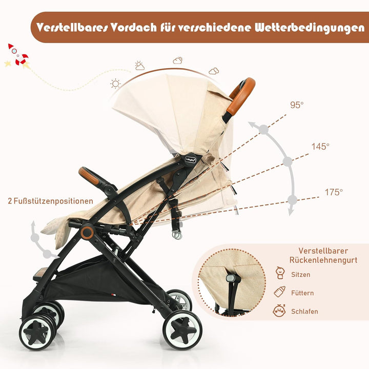 DREAMADE Kinderbuggy Klappbar mit Liegefunktion, Faltbar Buggy mit 5-Punkt-Sicherheitsgurt & Aufbewa