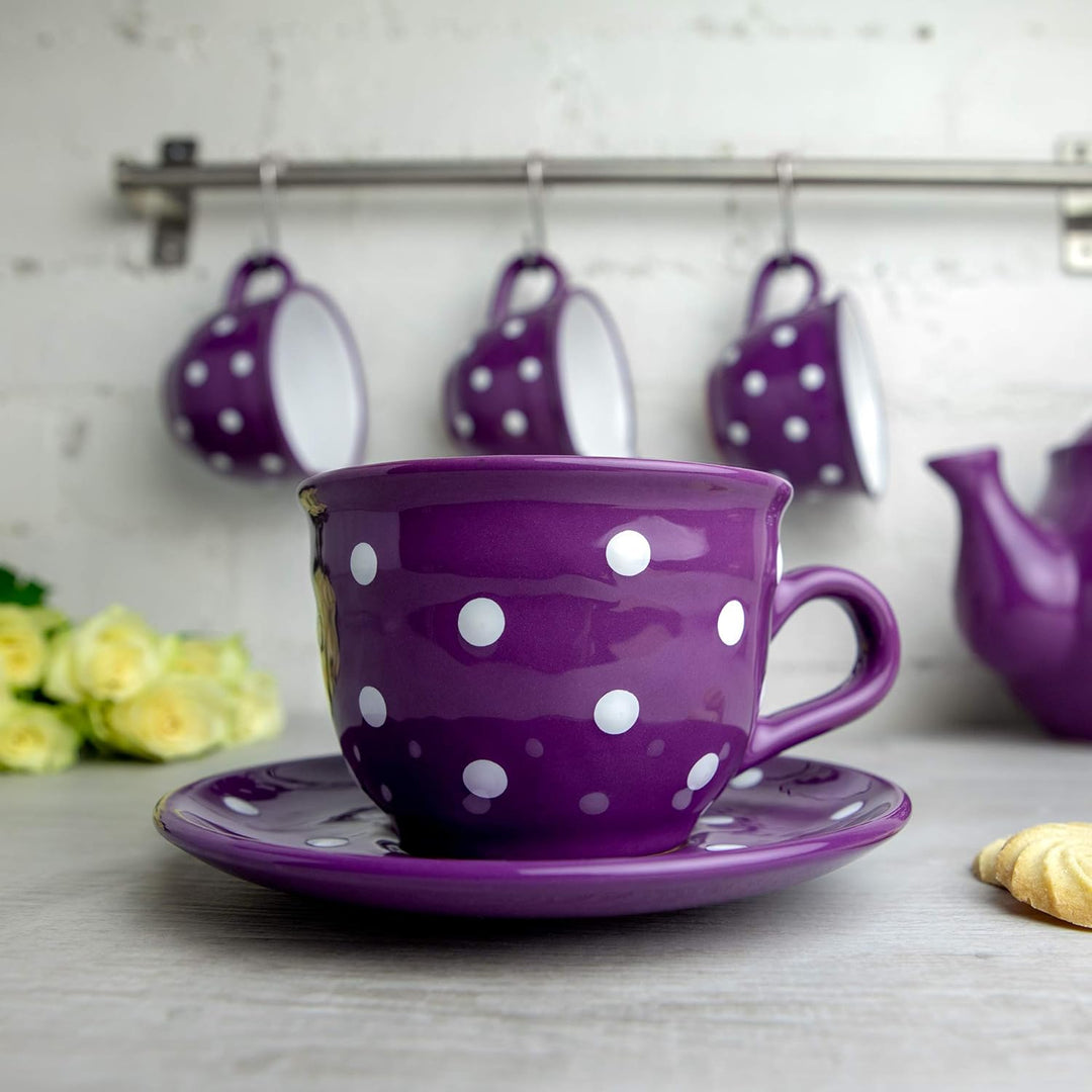 City to Cottage - Keramik Kaffebecher Teetasse 350 ml, Lila und Weiss Polka Dots, Handgemacht Kaffee