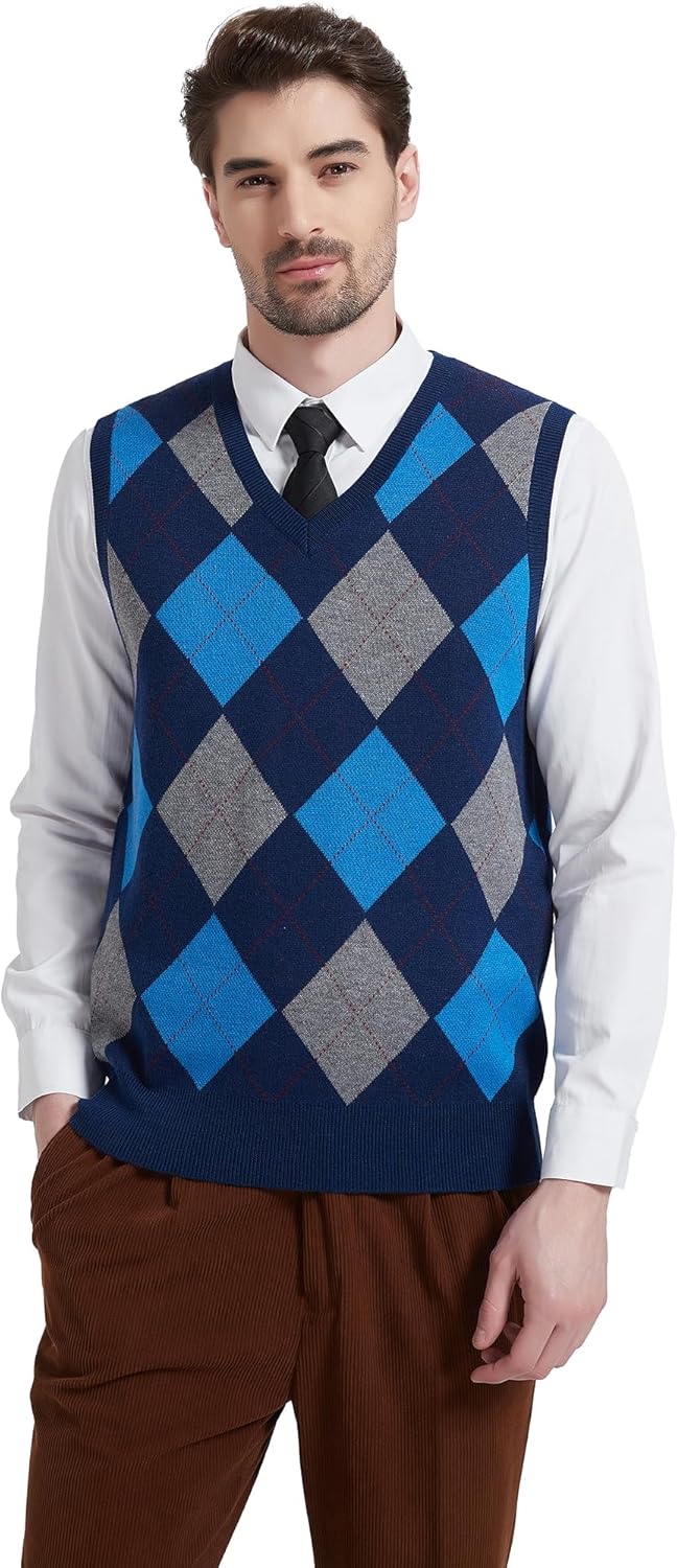 Kallspin Herren Argyle Gestrickt Ärmellos Pullover Wollmischung V-Ausschnitt Strickwesten XXL Marine