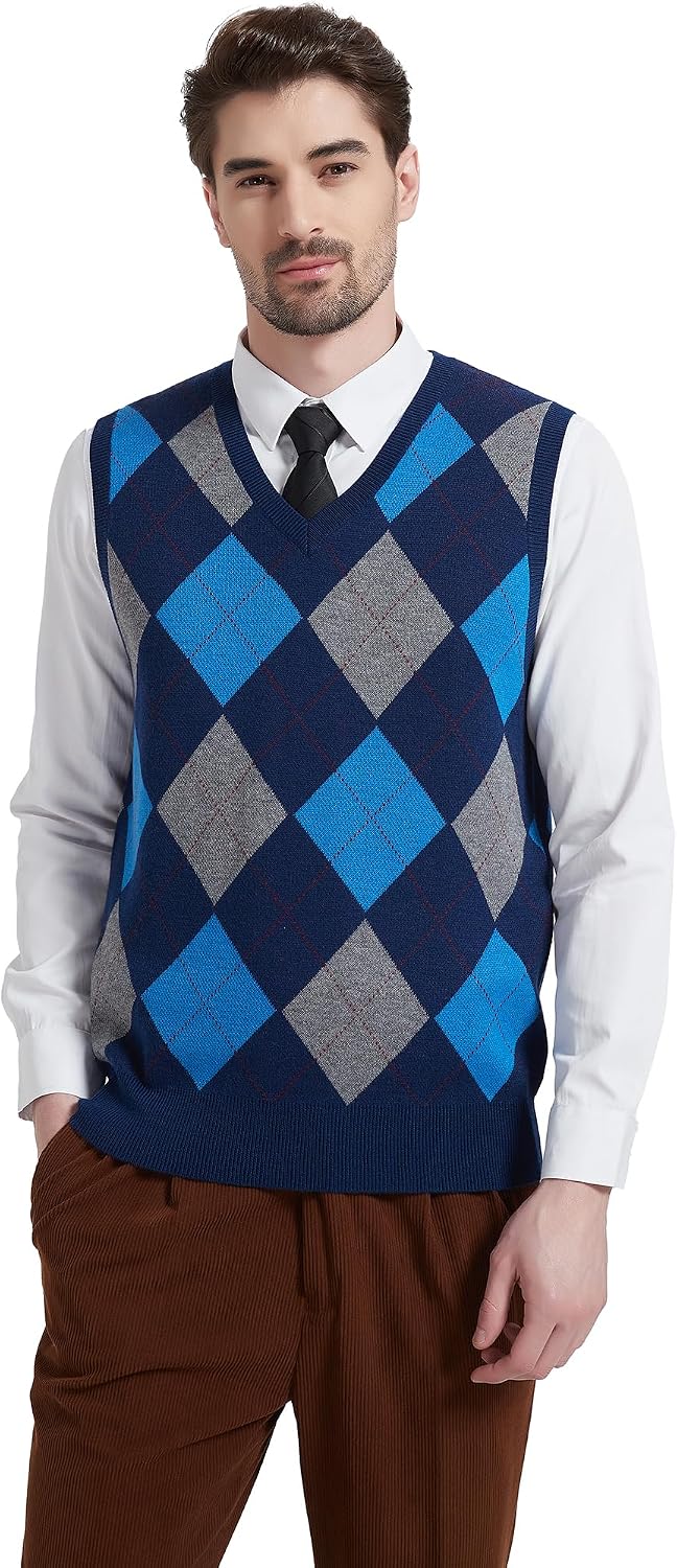 Kallspin Herren Argyle Gestrickt Ärmellos Pullover Wollmischung V-Ausschnitt Strickwesten M Marinebl
