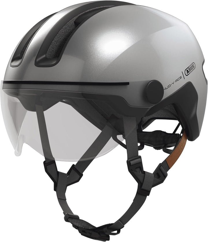 ABUS Stadthelm HUD-Y ACE - stylischer Fahrradhelm mit Visier und magnetischem, aufladbarem LED-Rückl
