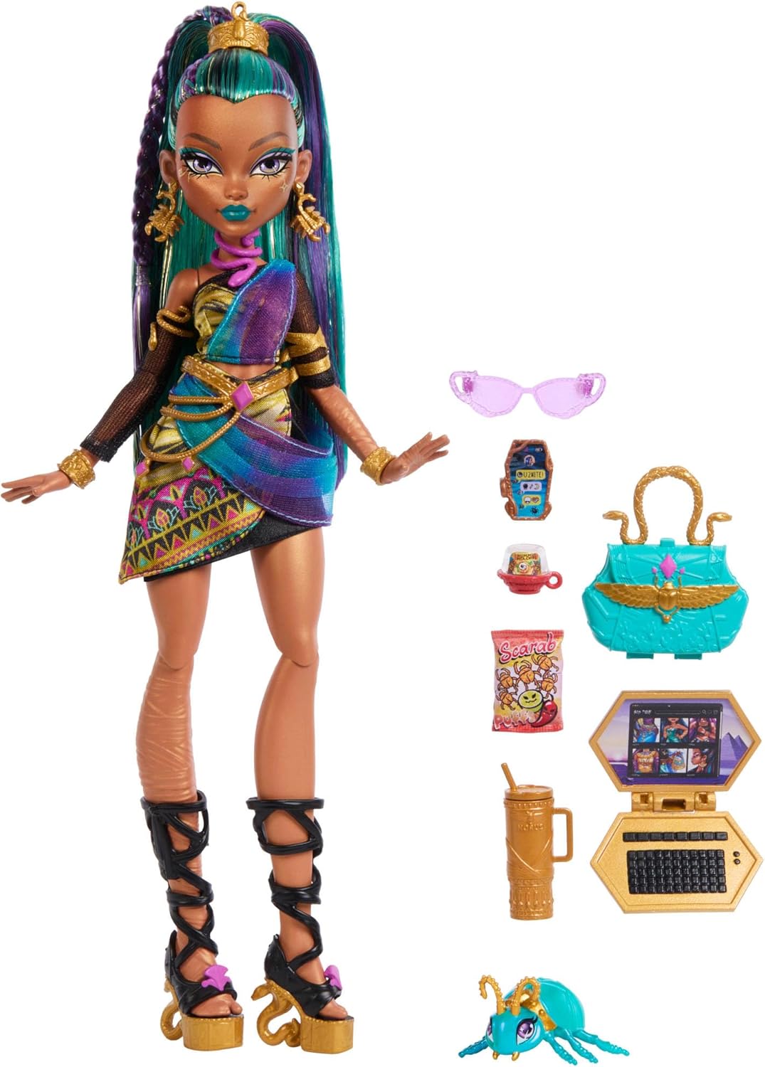 Monster High Nefera De Nile Puppe, Königsmumie im Kleid mit Haustier-Skarabäus Lavish und 7 Zubehört
