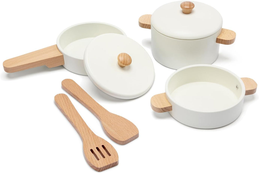Woet® Holzspielzeug Töpfe und Pfannen Set für Kleinkinder – Spielzeug Küchenset Weiss 7 Teile – Küch