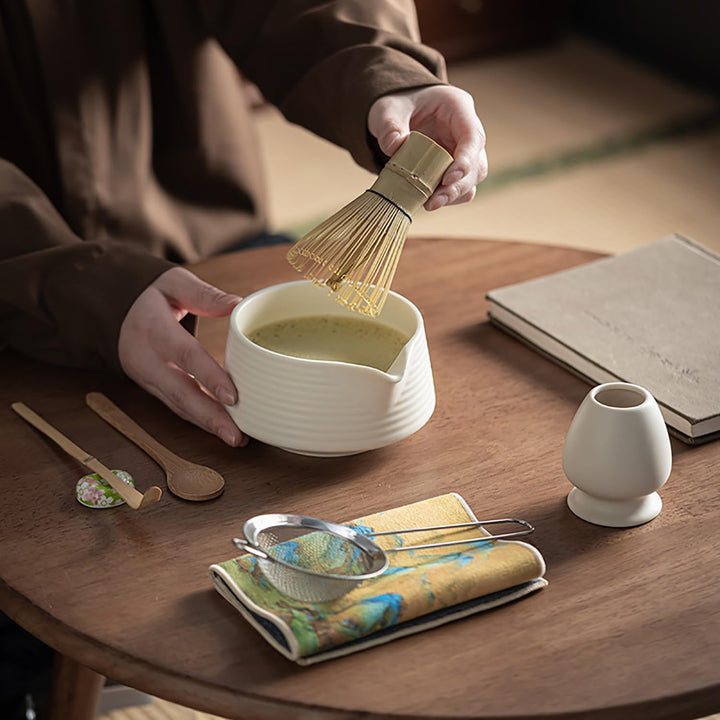 6 Piece Matcha Tea Set Beige Weiss,Matcha Besen Set, with Matcha Whisk, Matcha Broom,Matcha Schale,M