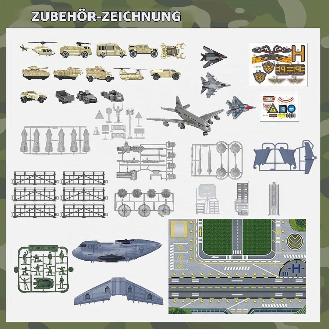 Militär Transport Fracht Flugzeug Militärflugzeug Autos Spielzeug mit Fahrzeug Soldaten Hubschrauber