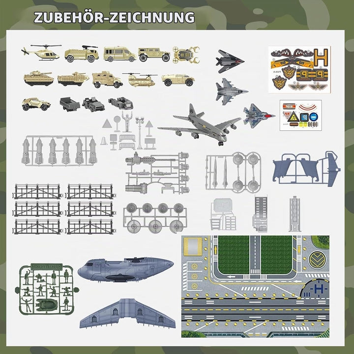 Militär Transport Fracht Flugzeug Militärflugzeug Autos Spielzeug mit Fahrzeug Soldaten Hubschrauber