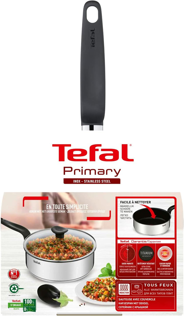 Tefal Primary Schmorpfanne 24 cm + Glasdeckel, hochwertiger Edelstahl, gesunde Antihaftbeschichtung,