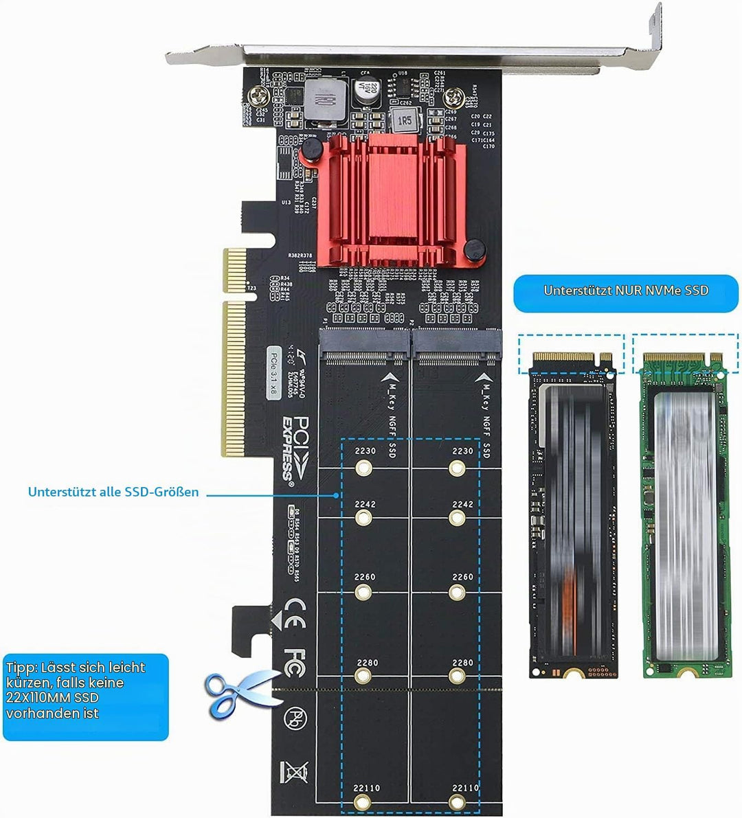 RIITOP Dual M.2 NVMe SSD auf PCIe Express 3.1 x8 x16 Kartenadapter, Unterstützung M-Key M.2 NVMe SSD