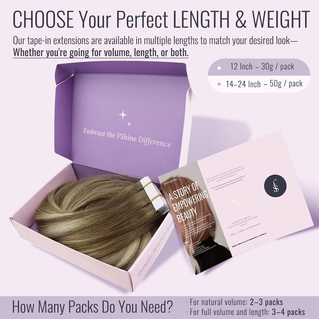 Fshine Tape Extensions Echthaar Skin Weft Tape Ins 20 Stück Balayage Mittelbraun übergehend in Plati