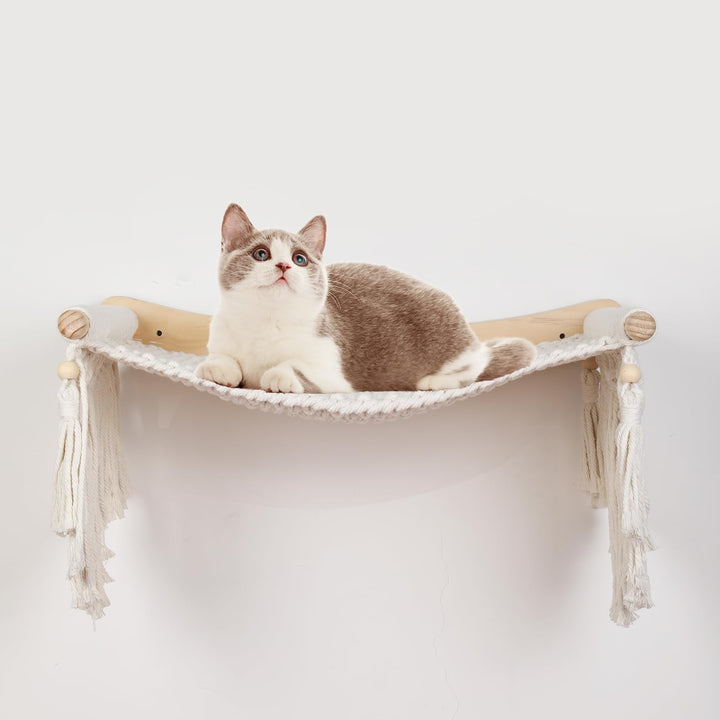 Makramee-Katzen-Wandregal & Hängematte - Gemütliche Katzenbetten mit Fensterplatz für Indoor-Spass,