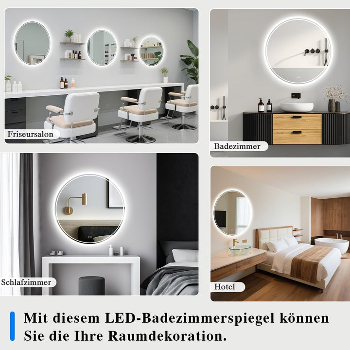 Badspiegel mit Beleuchtung - Badezimmer-Spiegel-LED mit Beschlagfrei, Touch-Schalter, Dimmbar, 3 Lic