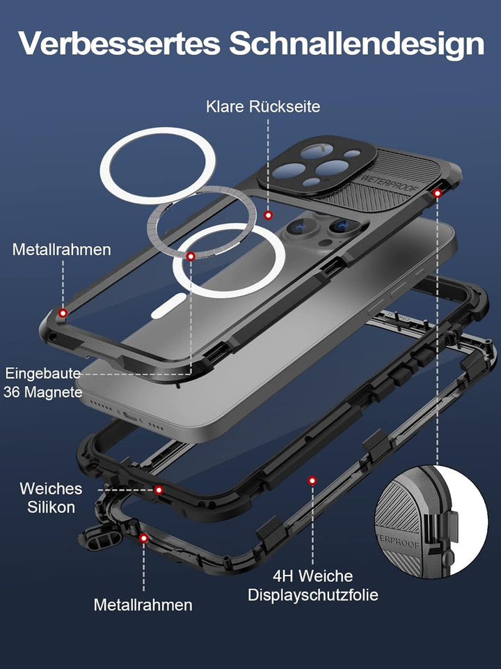 WIFORT für iPhone 14 Pro Hülle Wasserdicht mit MagSafe, 360 Outdoor Metall Schutzhülle mit Displaysc