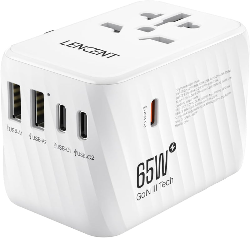 LENCENT Internationaler Reiseadapter, 65W GaN3 Universeller Adapter mit 2 USB A+3 Typ C PD, Weltweit