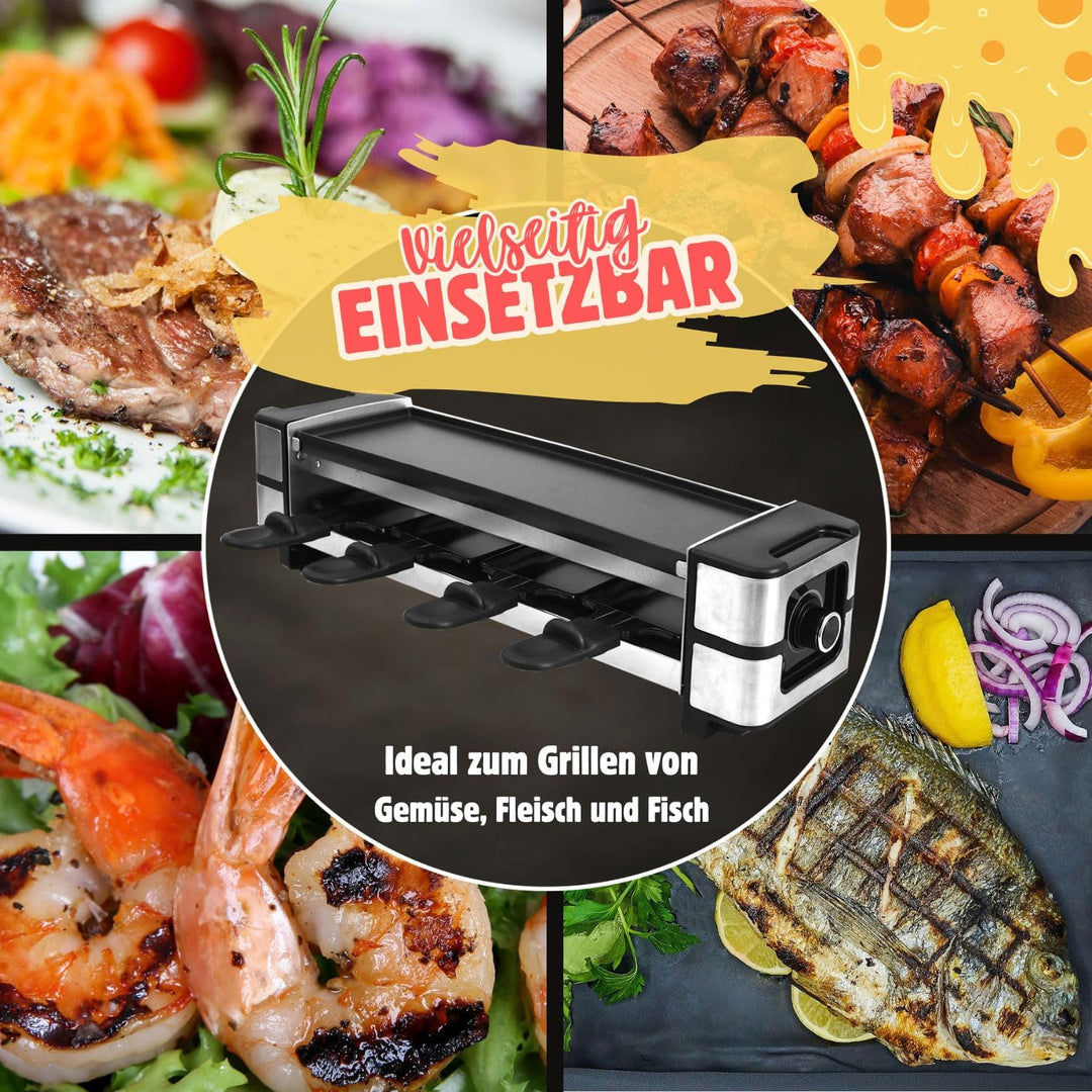 Syntrox Raclette Grill 4 Personen Ursli 600W, 4 Pfännchen 4 Spatel Antihaftbeschichtet, Stufenlose T