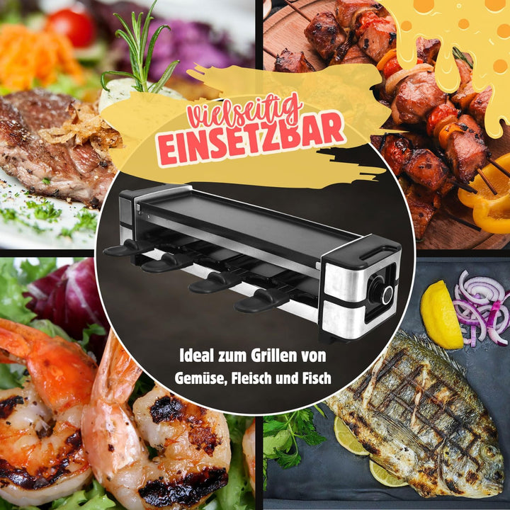 Syntrox Raclette Grill 4 Personen Ursli 600W, 4 Pfännchen 4 Spatel Antihaftbeschichtet, Stufenlose T