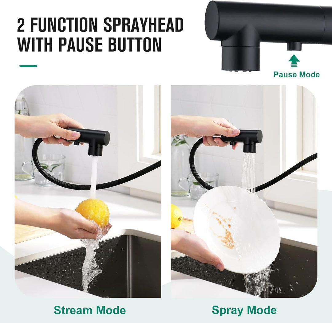 CREA Wasserhahn Küche mit 3 Funktionen Brause, Schwarz Küchenarmatur mit Ausziehbarem Brause, 360° D